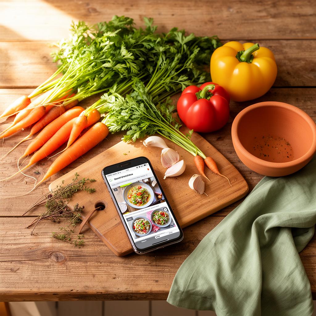 A sunlit kitchen counter with fresh vegetables, herbs, and a phone playing a recipe video